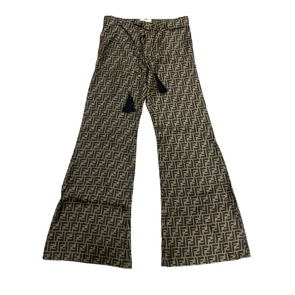Fendi FF Twill Silk Flared Wide Leg Logo Monogram Tassel Tie Pants 40 - Picture 11 of 12